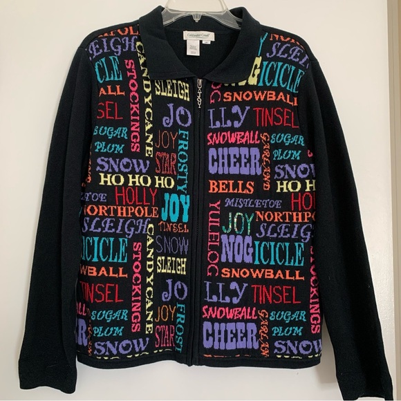 Coldwater Creek Cardigan Sweater Black Christmas 100% Cotton Spell Out Holiday L - Picture 2 of 12